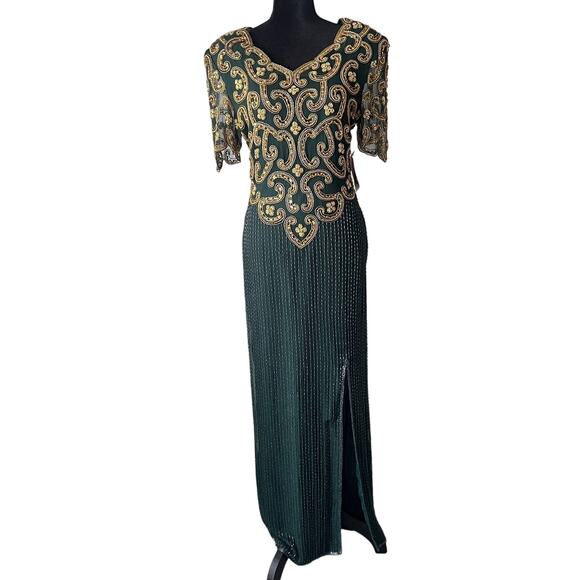 Riva Design Vintage 80s Silk Beaded Long Dress-Green/Gold-Medium-NEW-DEADSTOCK - Picture 2 of 12